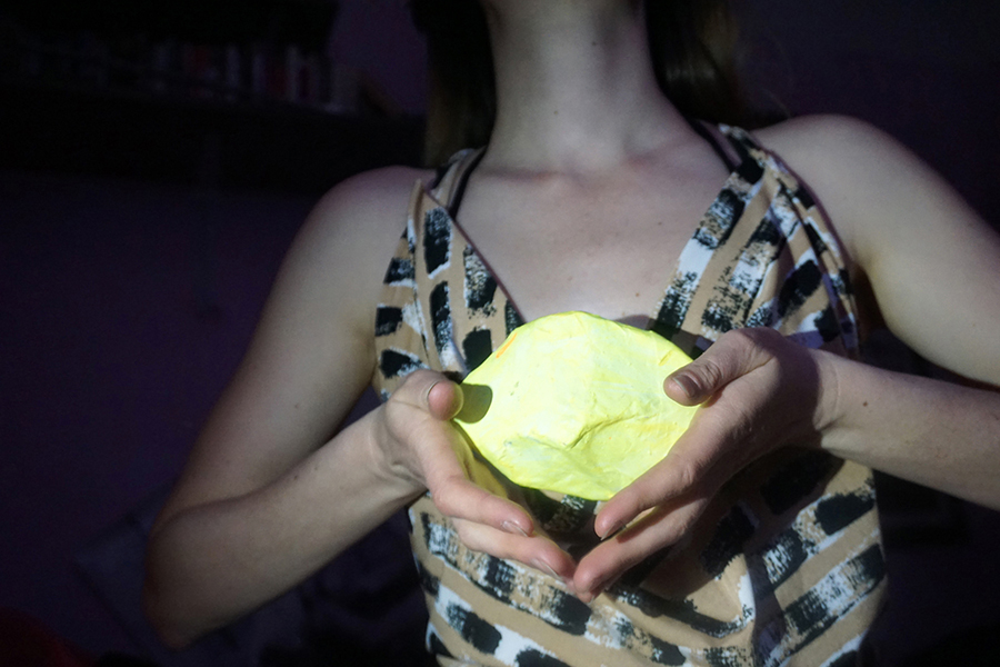 The Woman on the Beach, Festering Seed 2018 <br>papier-mâché, acrylic, bike light